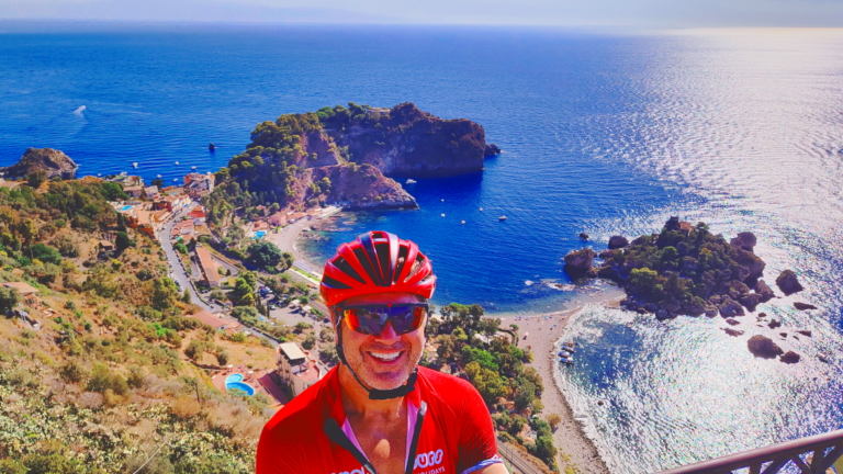 An happy cyclist during a bike tour in Sicily